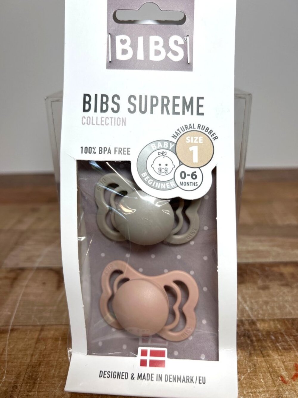 Bibs Supreme Natural Rubber Pacifiers 0-6 Months Size 1 BPA-Free Symmetrical
